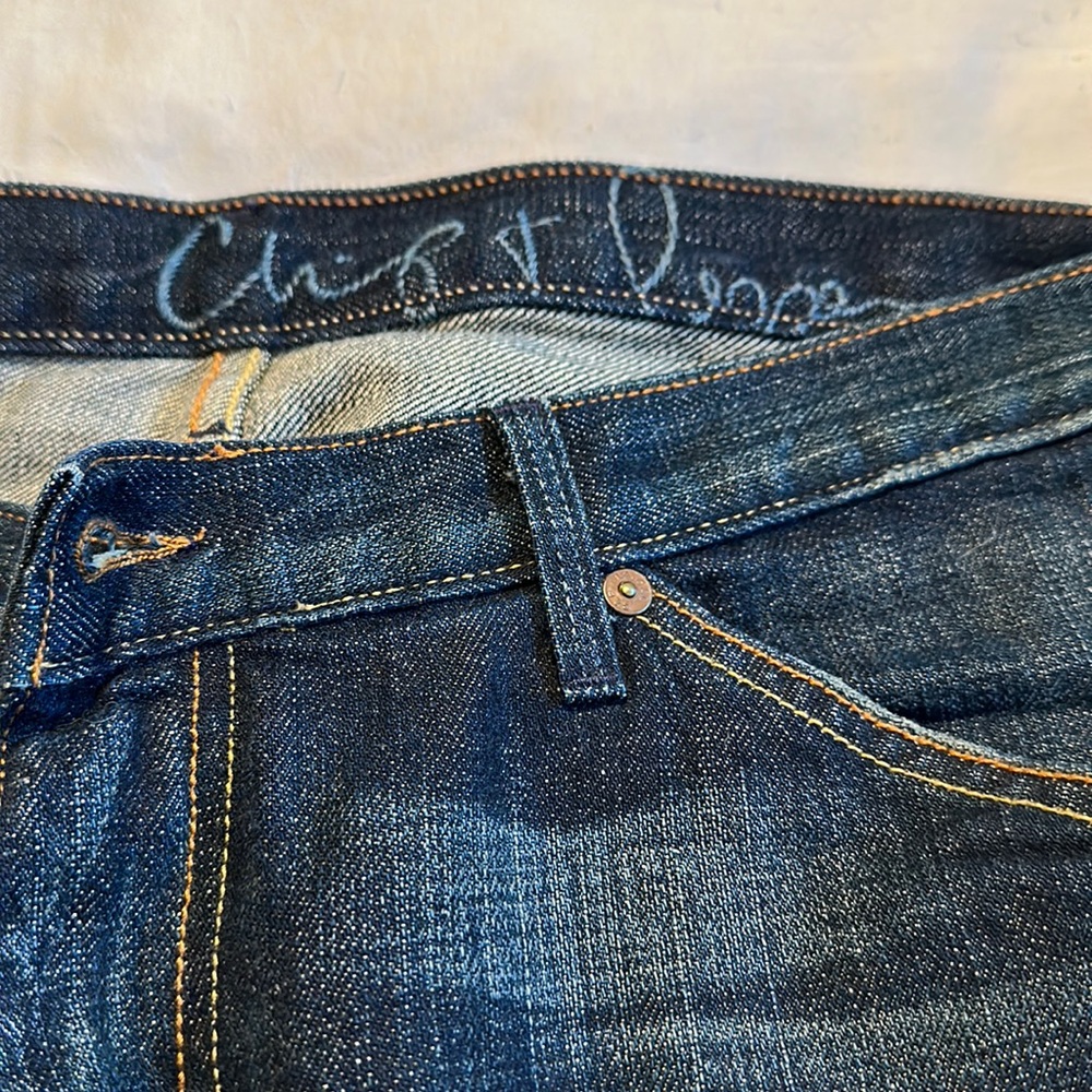 Worn once. Great shape. Legs flair out at bottom.  Very soft jeans.